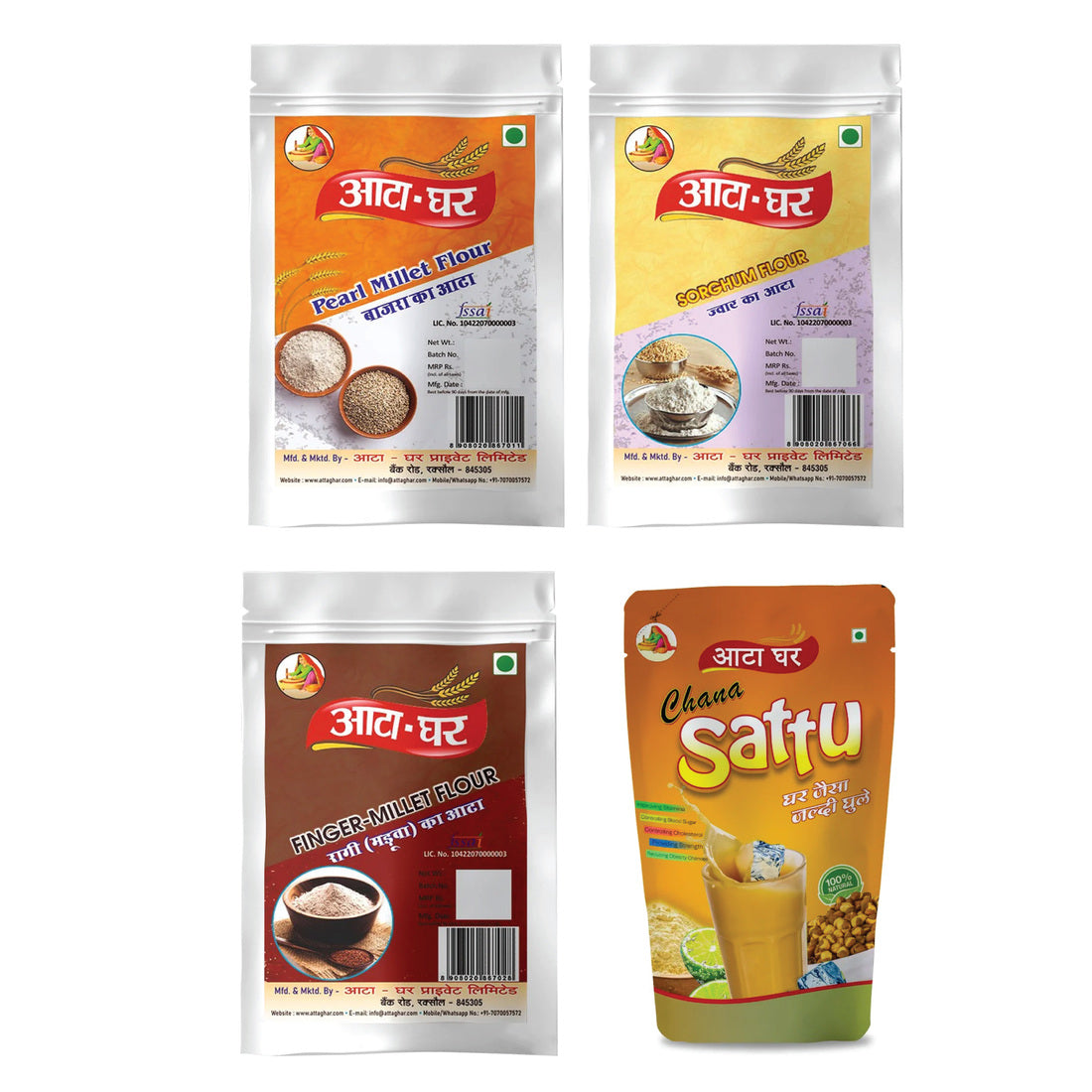 Atta-Ghar Combo of Bajra, Jowar, Ragi and Sattu Flour, 500 gm each