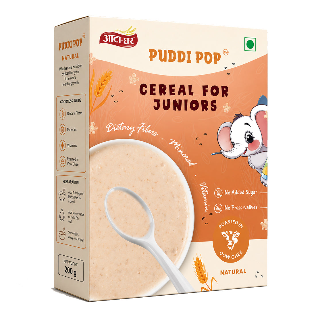 Puddi Pop Natural - Nutritious Cereal for Baby | Millet Based | Roasted in Cow Ghee | No Added Sugar