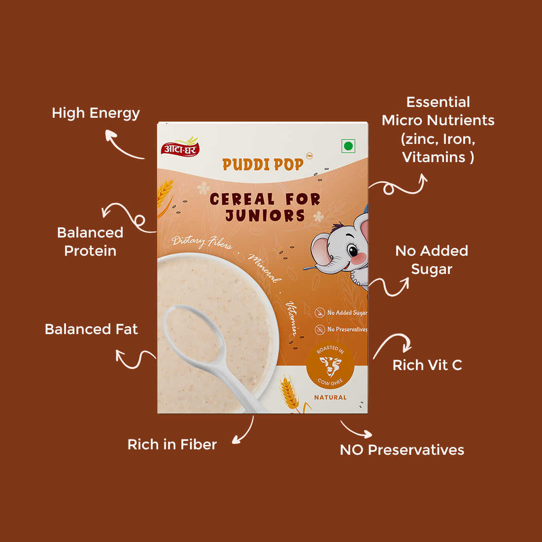 Puddi Pop Natural - Nutritious Cereal for Baby | Millets based | Roasted in Cow Ghee | No Added Sugar
