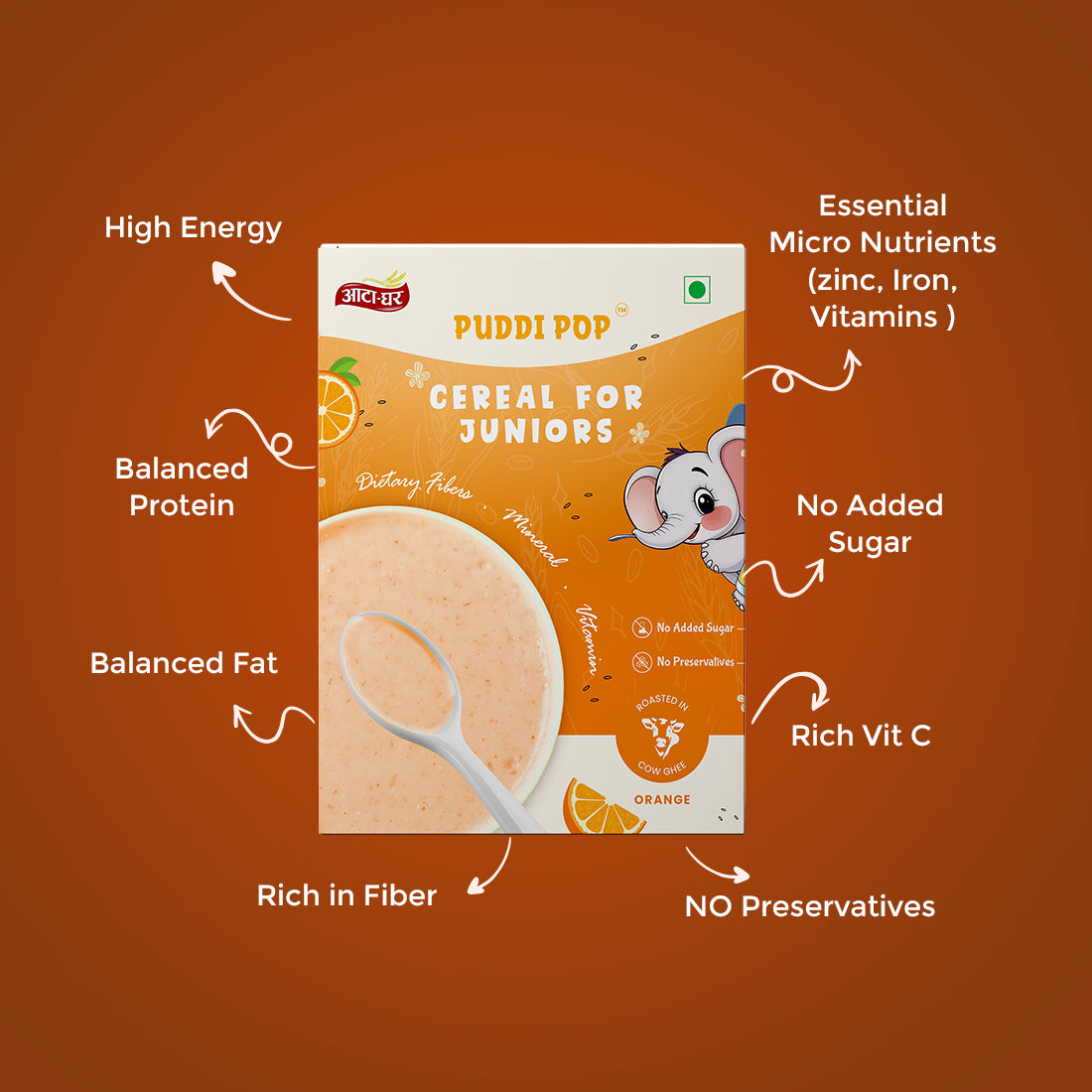 Puddi Pop Orange - Nutritious Cereal for Baby | Millets based | Roasted in Cow Ghee | No Added Sugar