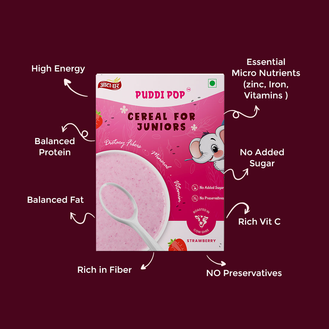 Puddi Pop Strawberry - Nutritious Cereal for Baby | Millets based | Roasted in Cow Ghee | No Added Sugar