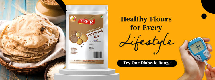 Pack of Atta Ghar Diabetic Gold Atta on a display stand with stack of homemade rotis and a glucose meter reading, promoting healthy, millet-based flour for diabetes-friendly diets.