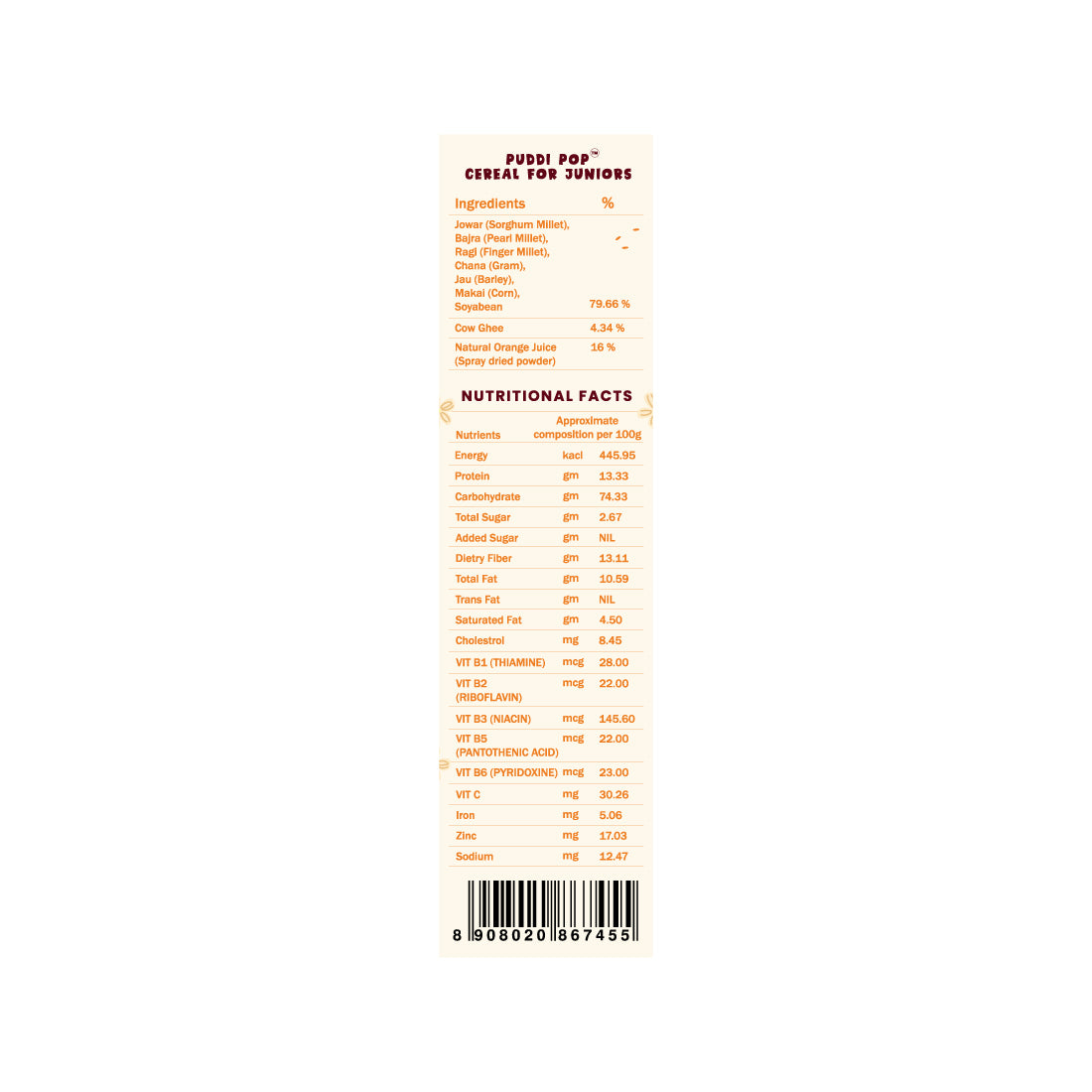 Puddi Pop Orange - Nutritious Cereal for Baby | Millets based | Roasted in Cow Ghee | No Added Sugar